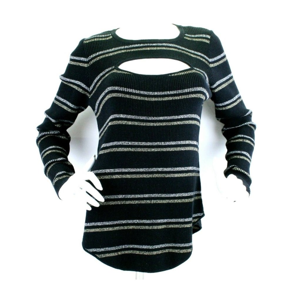 Chaser Womens Size M Sweater Cotton Lurex Ribbed Black Silver 2 Keyhole $86 Nwt